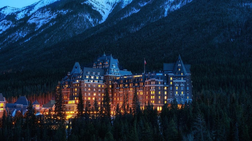 Fairmont Banff Springs Hotel in Banff Alberta surrounded by the Canadian Rockies