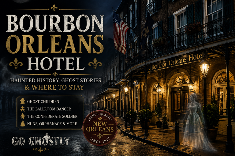 Bourbon Orleans Hotel in New Orleans at night for a guide to its haunted history and ghost stories