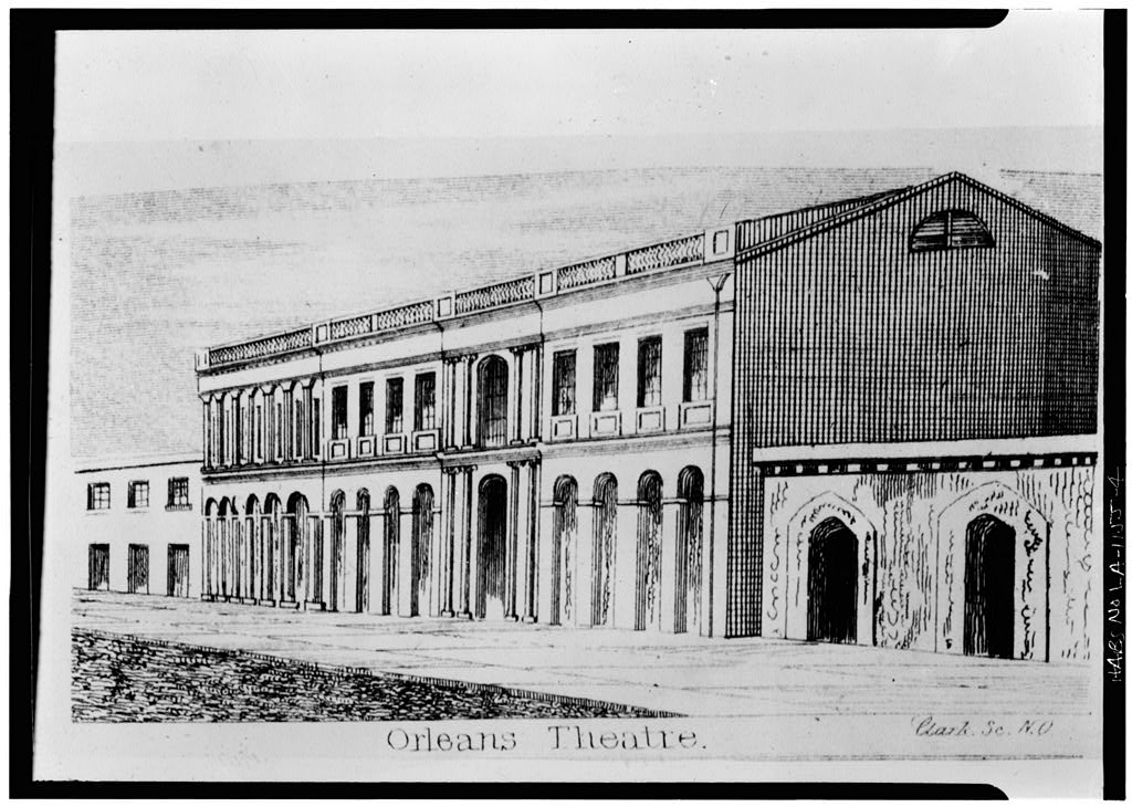 Historic view of the Orleans Theatre and Orleans Ballroom, 1838. Library of Congress.