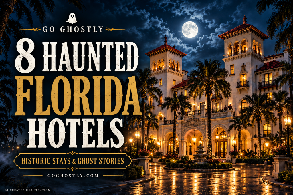 Go Ghostly illustrated cover: 8 Haunted Florida Hotels — Historic Stays & Ghost Stories