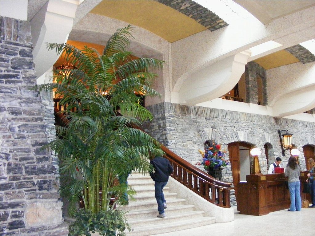 Grand staircase inside Fairmont Banff Springs in Banff Alberta