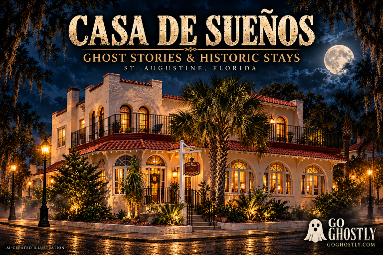 AI-created Go Ghostly cover for Casa de Sueños, showing its two-story Mediterranean Revival exterior, balconies and arched windows at night.