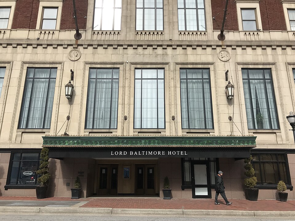 Entrance to the historic Lord Baltimore Hotel in Baltimore Maryland