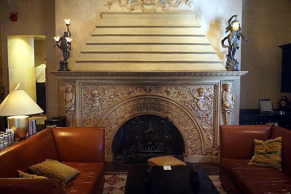 Historic fireplace inside the haunted Pfister Hotel in Milwaukee Wisconsin