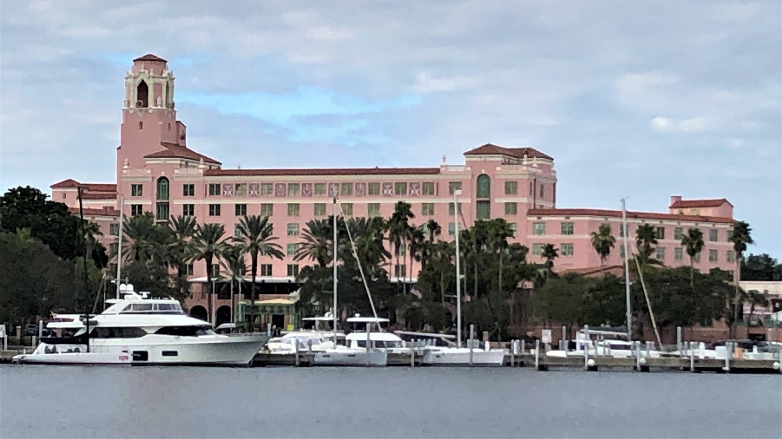 The Vinoy’s pink hotel and distinctive tower overlooking the marina in St. Petersburg in 2021