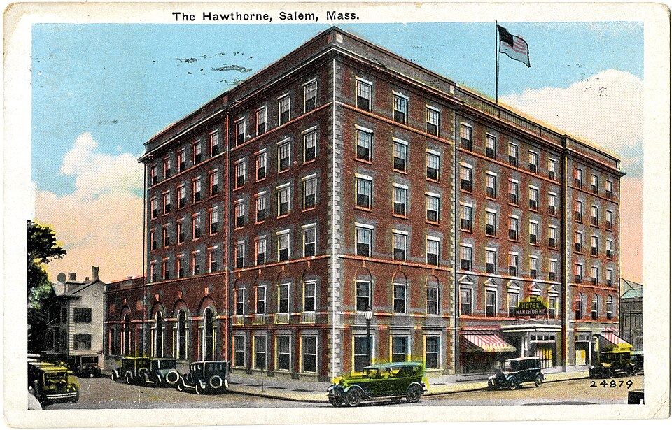 Vintage 1928 postcard of the Hawthorne Hotel beside Salem Common Massachusetts