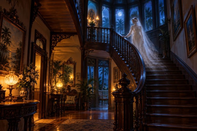 AI-created interpretation of a ghostly bride descending a moonlit Victorian staircase