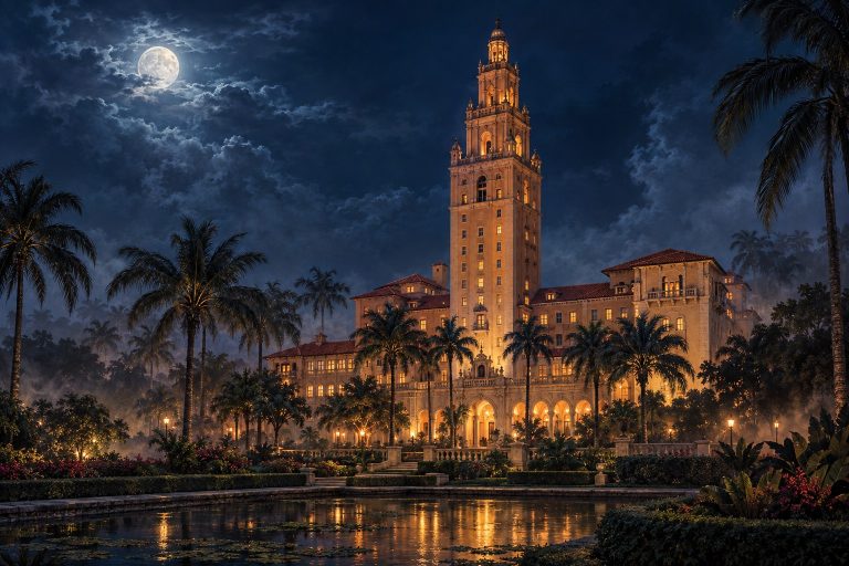AI-created illustration of the Biltmore Hotel’s tower and gardens under a moonlit sky