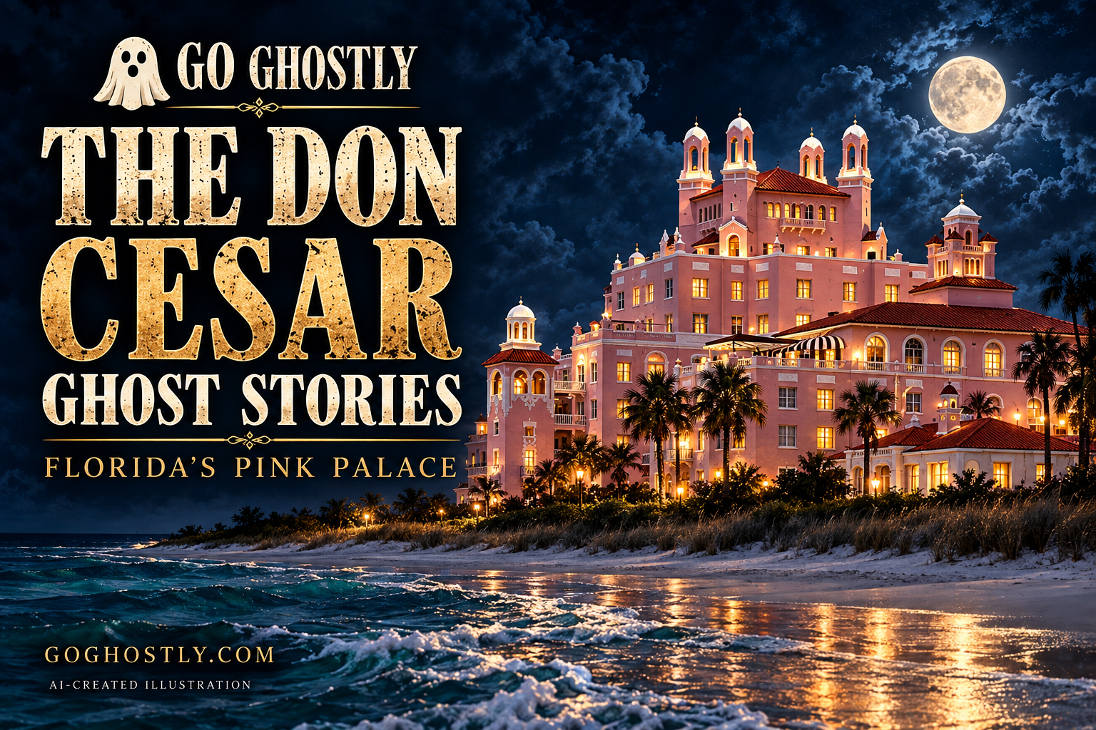 AI-created Don CeSar cover with pink towers beside a moonlit beach and the title Ghost Stories