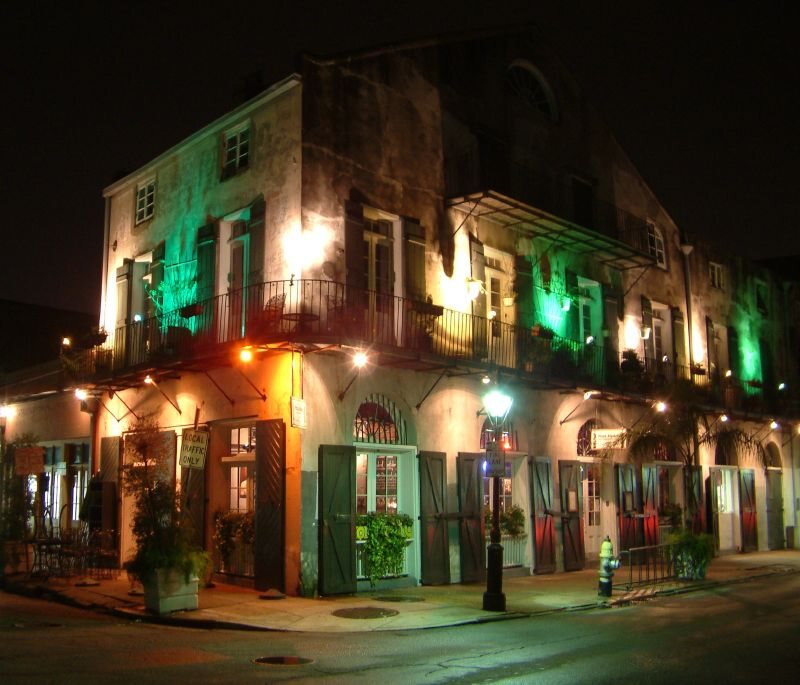 Barracks and Decatur Streets at night in New Orleans
