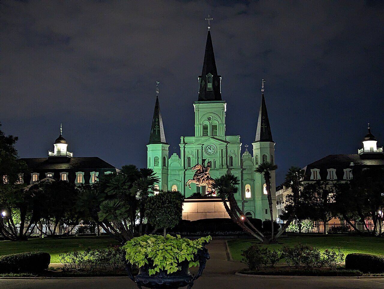 St. Louis Cathedral and Jackson Square illuminated after dark