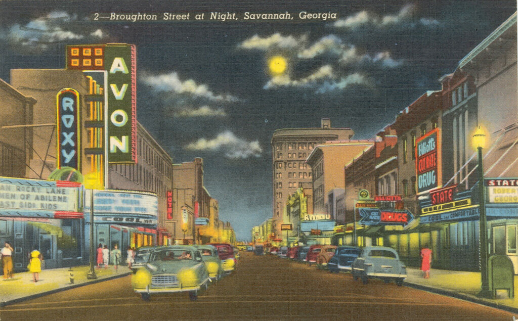 Historic postcard of illuminated Broughton Street in Savannah