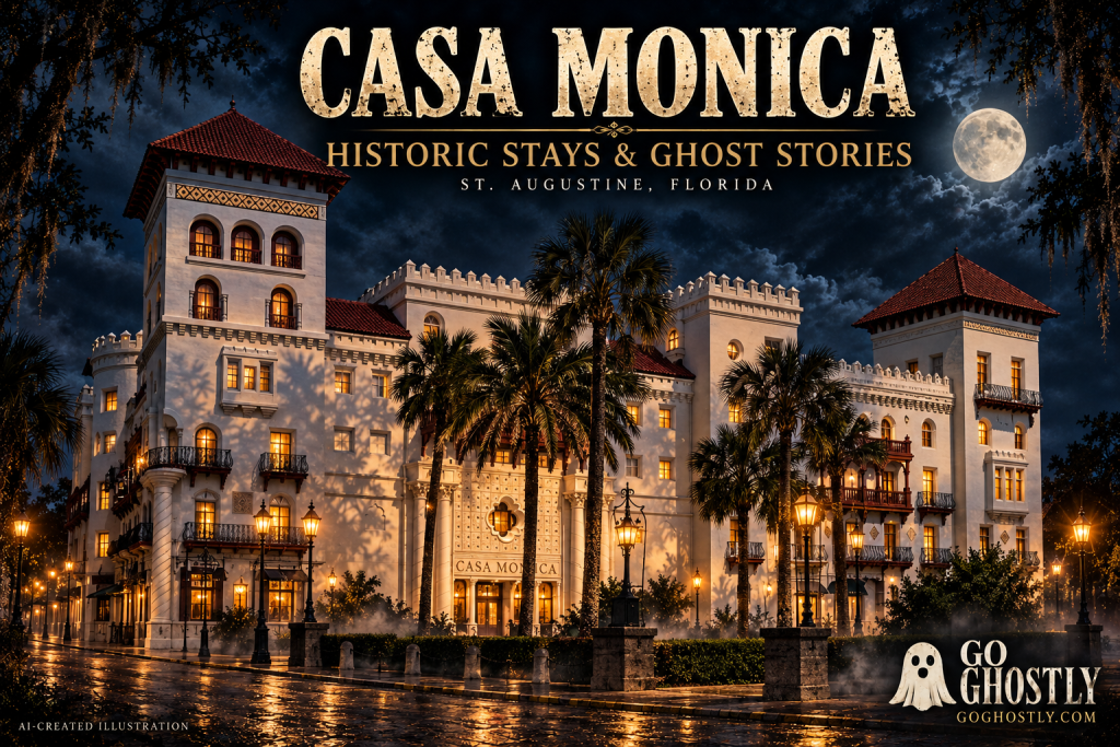 AI-created Casa Monica cover illustration with illuminated towers and the title Historic Stays & Ghost Stories