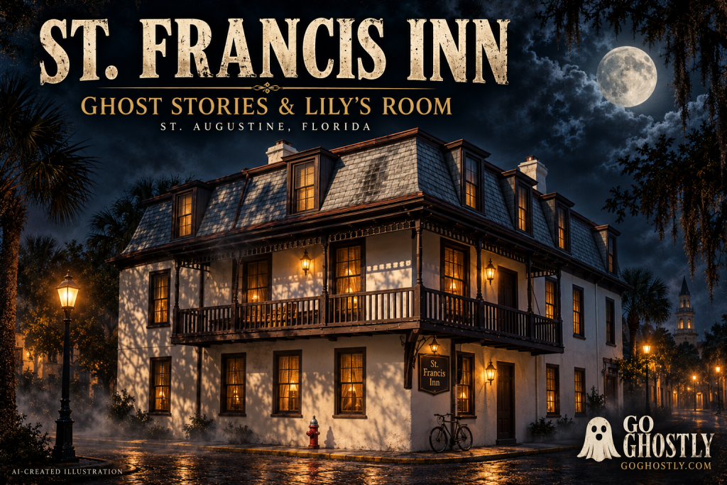 AI-created St. Francis Inn cover illustration with moonlit architecture and the title Ghost Stories & Lily’s Room
