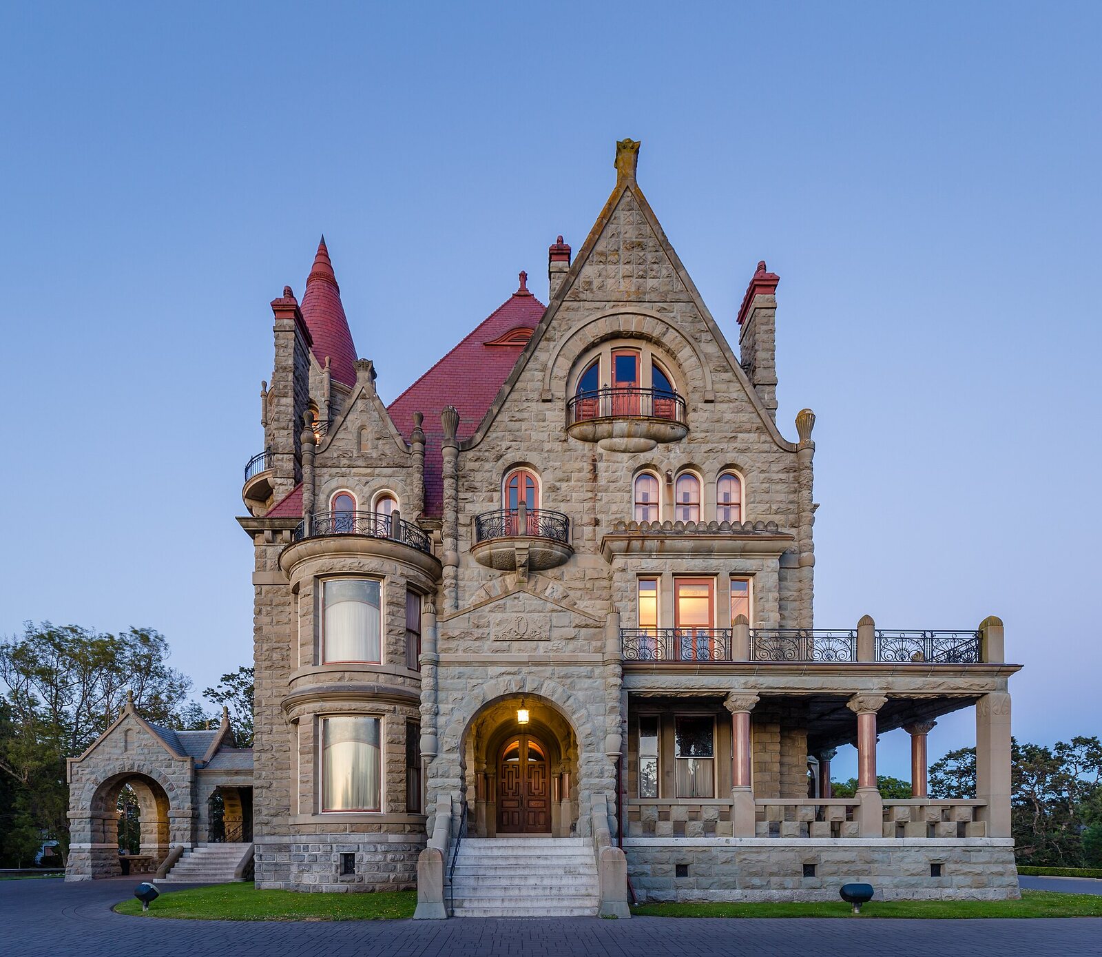 Craigdarroch Castle illuminated just after sunset in Victoria