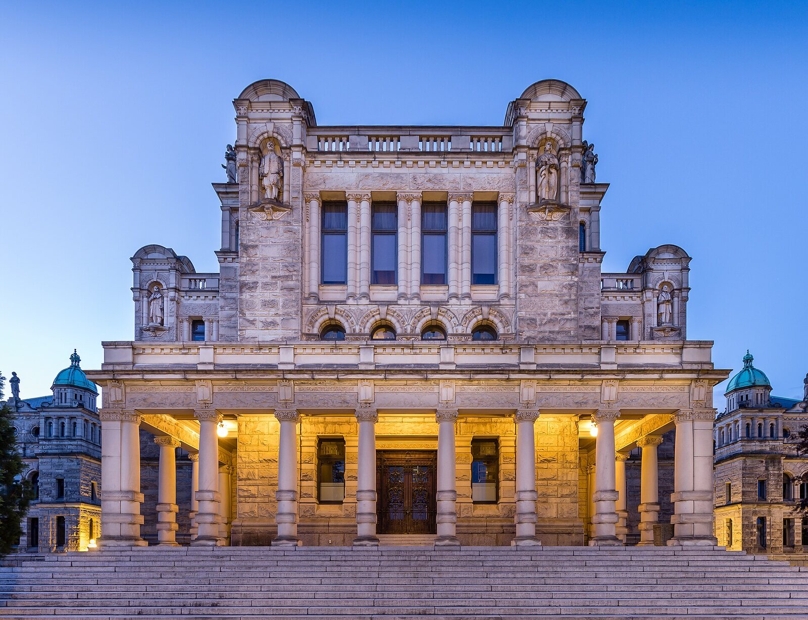 British Columbia Parliament Buildings illuminated at dusk