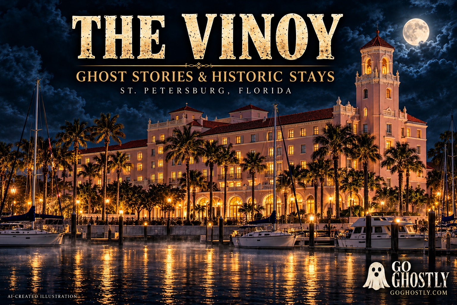 AI-created cover showing The Vinoy’s pink waterfront hotel beneath a moonlit sky